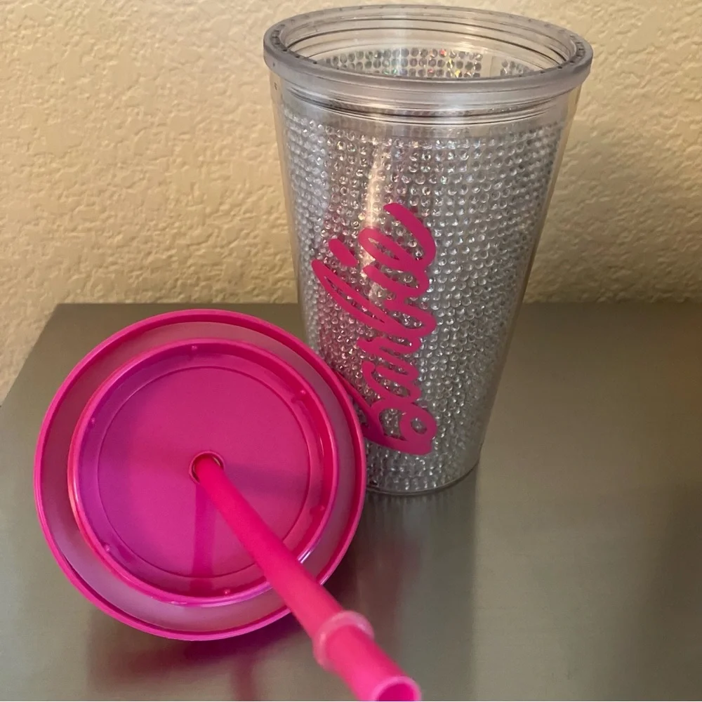 BARBIE Pink / Silver Rhinestone Tumbler Cup With Straw